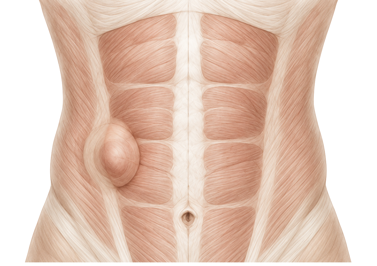 Parede abdominal, com a protrusão de uma hérnia à esquerda e a linha alba no eixo central